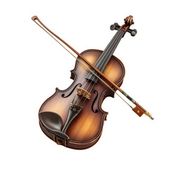 Fototapeta premium Classic wooden violin with a bow resting across the strings a beautiful musical instrument isolated on transparent background