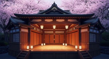 Traditional japanese shrine entrance illuminated by lanterns under a canopy of blooming pink cherry blossom trees