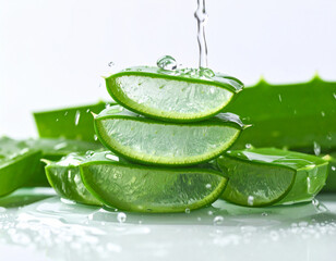 Fresh Aloe Vera Slices Stacked with Water Droplets on White Background, Close-up