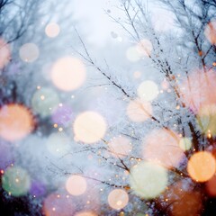 Widescreen backdrop. New year Winter art design, wide screen holiday border, Christmas winter blurred background. Xmas tree with snow decorated with garland lights, holiday festive background. 
