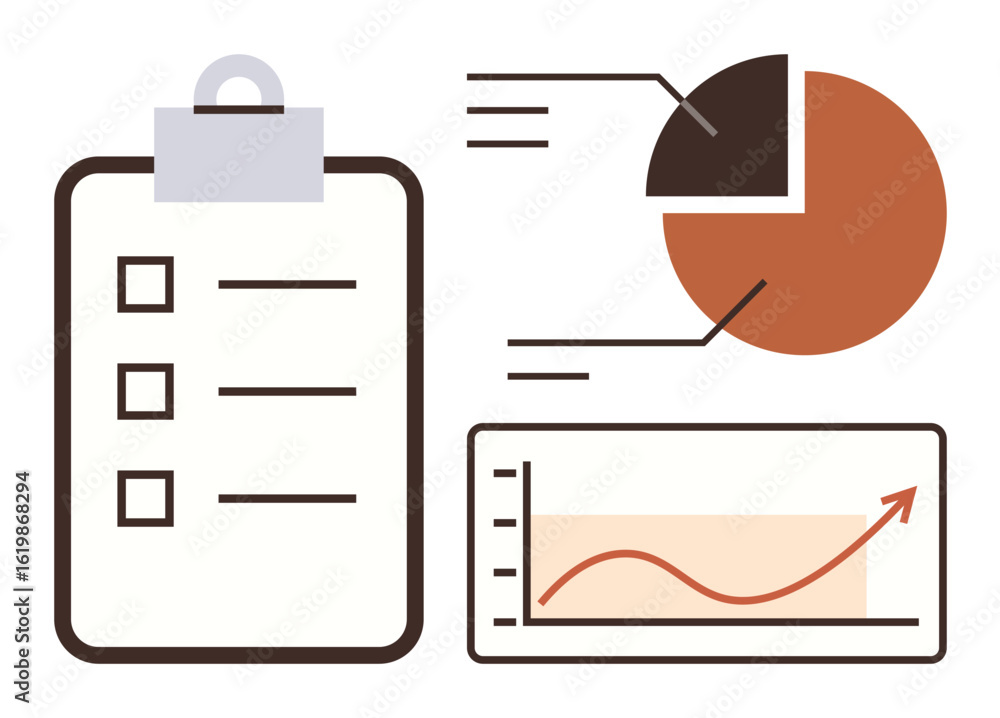 Poster clipboard checklist, segmented pie chart, and upward-trending line graph presenting key performance 