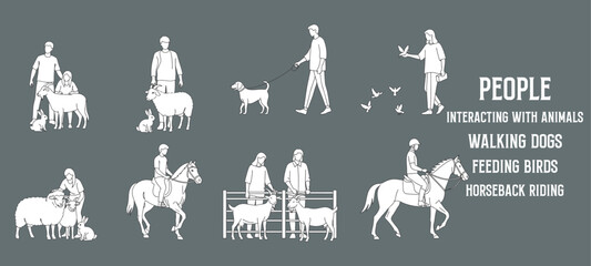 Minimal Outline Vector Illustration of People Walking Dogs, Feeding Birds, Petting Farm Animals, and Horseback Riding in a Rural or Park Setting
