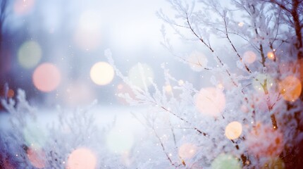 Widescreen backdrop. New year Winter art design, wide screen holiday border, Christmas winter blurred background. Xmas tree with snow decorated with garland lights, holiday festive background. 
