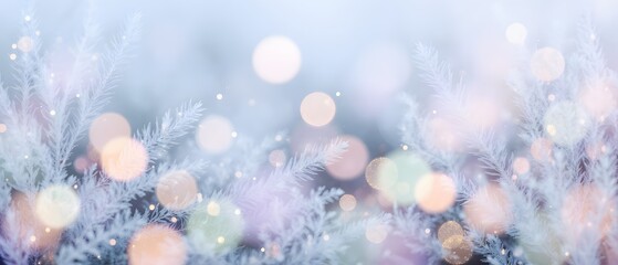 Widescreen backdrop. New year Winter art design, wide screen holiday border, Christmas winter blurred background. Xmas tree with snow decorated with garland lights, holiday festive background. 
