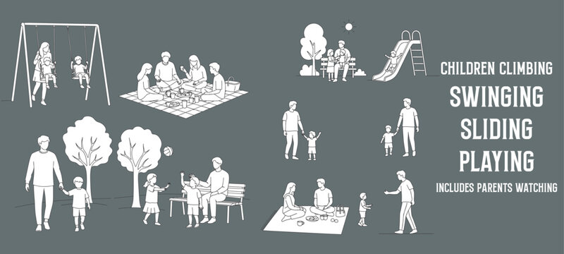Minimal Outline Vector Illustration of Children Climbing, Swinging, Sliding, and Playing in a Park with Parents Watching and Interacting