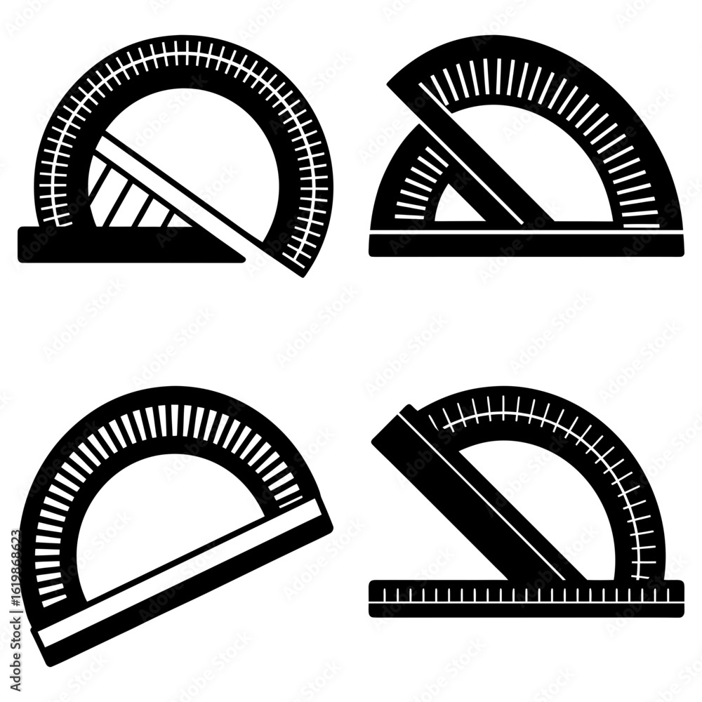 Poster four protractor illustrations displayed in a grid pattern with varying orientations and designs show