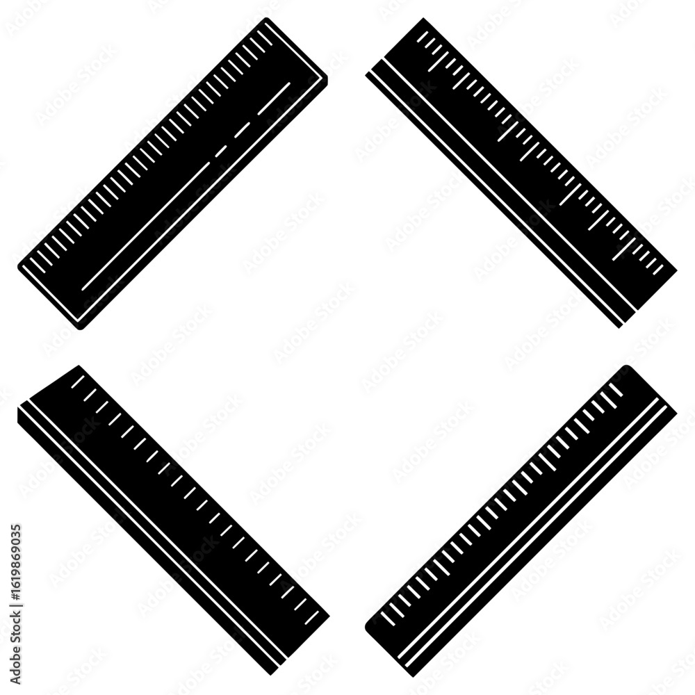 Poster four black rulers arranged in a square formation with measurement markings on a white background vie