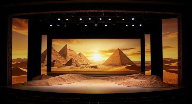 Dramatic egyptian pyramid stage set with desert landscape and sunrise backdrop for theatrical performance