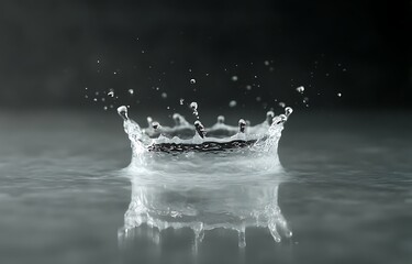 Water drop crashes onto black mirror, clear splash crown frozen instantly.