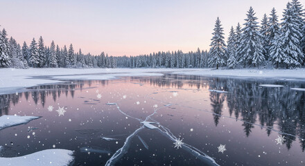 Nature Background Background winter wonderland scene: frozen lake, snow covered trees and falling snowflakes scenery