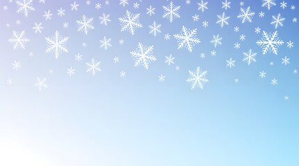 A panoramic winter scene of falling snowflakes, with a gradient blue to white background, A winter scene with many snowflakes.  Blue shiny winter banner with snow, 
