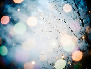Widescreen backdrop. New year Winter art design, wide screen holiday border, Christmas winter blurred background. Xmas tree with snow decorated with garland lights, holiday festive background. 
