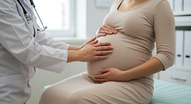 Doctor providing gentle prenatal care to a pregnant woman, examining her belly during a medical checkup in a clinic