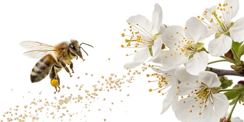 Delicate bee collects pollen from vibrant white blossoms, capturing the essence of spring pollination and natural beauty in stunning detail. transparent background Png