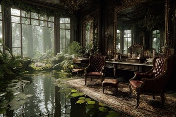 A grand, ornate room, flooded and overgrown with lush jungle flora