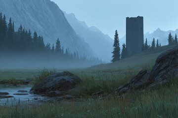 Misty mountain valley with ancient tower