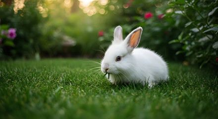 Fototapeta premium An adorable white baby rabbit sitting on a lush green lawn, nibbling grass in a sunlit garden with flowers.