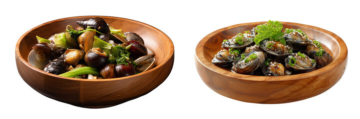 Set of serving of oysters and snails arranged in a wooden bowl, isolated on transparent background.