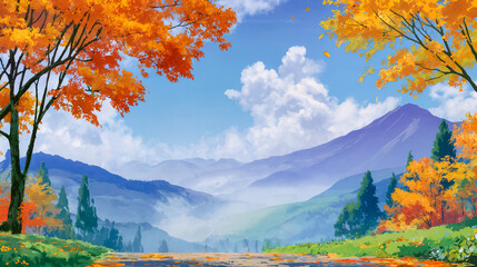 秋の山道 鮮やかな紅葉と青い空のイラスト