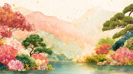 和風水彩画の色彩豊かな湖畔風景 山と紅葉の木々