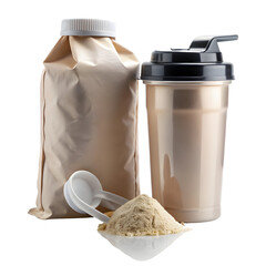 A glass of milk drink, a pile of powdered milk, and its packaging.