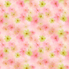 優しい水彩画風 ピンクと黄緑の花柄 シームレスパターン