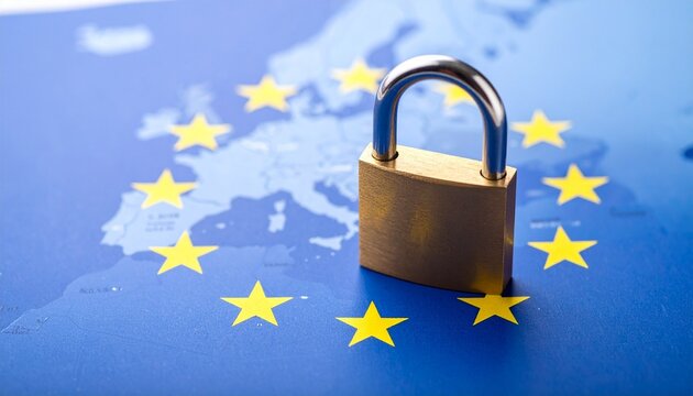 Map of Europe overlaid with EU flag stars and central padlock—white-gold stars arranged in circle above blue map tones, with large lock symbol atop the EU core region. Composition suggests controlled 