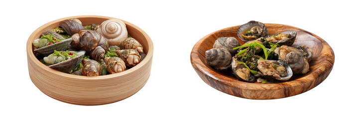 Set of serving of oysters and snails arranged in a wooden bowl, isolated on transparent background.