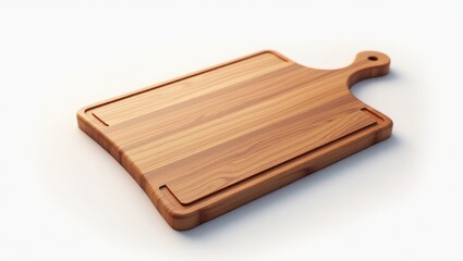 Light brown wooden cutting board with handle.