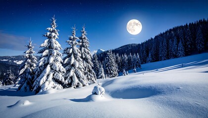 Obraz premium Snowy mountain landscape at night with full moon