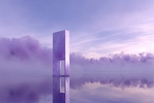 Lavender-hued monolith on still water, ethereal clouds