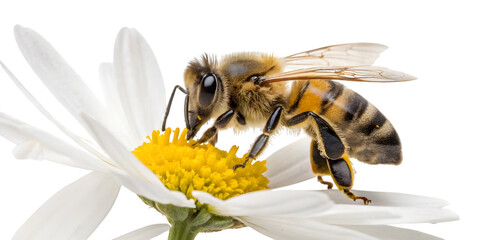 Intricate macro view of a busy bee collecting nectar from a delicate white daisy, capturing the beauty of nature's pollination process. transparent background Png