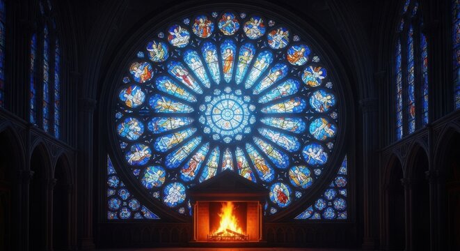 Grand Cathedral with Circular Stained Glass Window and Fireplace