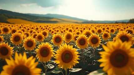 Fototapeta premium Field of sunflowers under a clear autumn sky each flower in full bloom arranged in perfect rows their bright petals creating a radiant yellow contrast with the deep blue sky