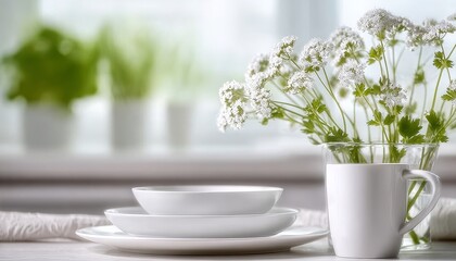 Bright and Elegant Spring Kitchen Scene with White Dishes, Fresh Flowers, and Soft Daylight Glow