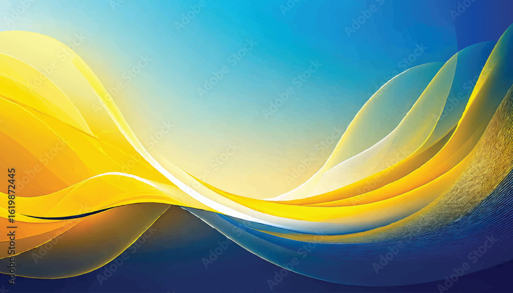 Poster abstract digital art with flowing yellow and blue waves on a gradient background vector illustration