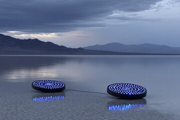 Two circular, dark objects with vibrant blue LED lights, resting on a calm, reflective salt flat, framed by a dramatic mountain range under a brooding sky