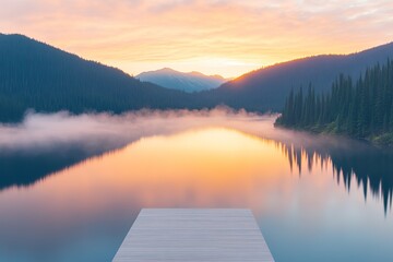Fototapeta premium Serene Lake at Sunrise with Mountain Backdrop and Wooden Pier