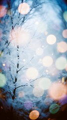 New year Winter art design, wide screen holiday border, Christmas winter blurred background. Xmas tree with snow decorated with garland lights, holiday festive background. Widescreen backdrop. 

