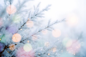 New year Winter art design, wide screen holiday border, Christmas winter blurred background. Xmas tree with snow decorated with garland lights, holiday festive background. Widescreen backdrop. 
