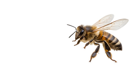 Captivating macro view of a busy honeybee in flight showcasing its intricate details and delicate wings, perfect for nature and science projects, transparent background Png