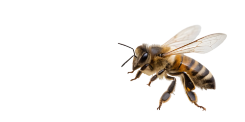 Captivating macro view of a busy honeybee in flight showcasing its intricate details and delicate wings, perfect for nature and science projects, transparent background Png