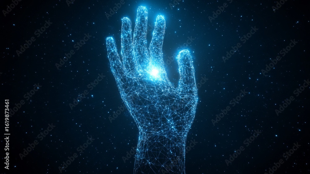 Aufkleber futuristic blue hand network connection with glowing dots and lines in virtual reality environment