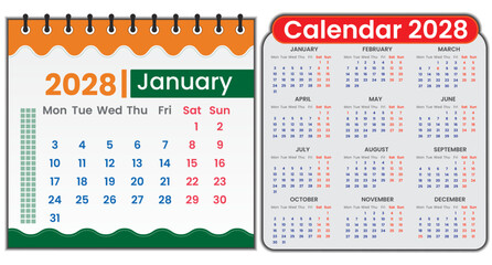 Table calendar 2028 template in a modern landscape design. Covers every date across months like January to December. 2028 year business calendar design perfect for annual schedules with editable font