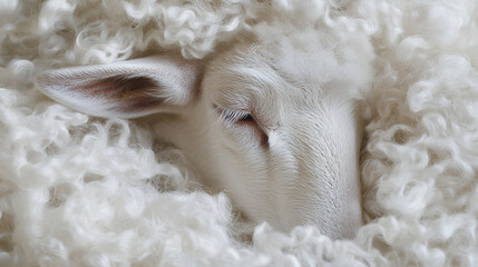 A sheep ear partially hidden in curly white wool, soft lighting reveals texture and depth