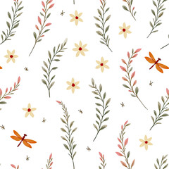 Whimsical Dragonfly and Floral Pattern with Delicate Branches