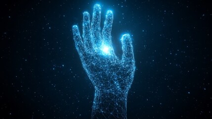 Futuristic Blue Hand Network Connection with Glowing Dots and Lines in Virtual Reality Environment