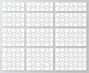 12 jigsaw grid set. Process puzzles diagram presentation. Infographics collection. Business chain infographic. Business info graphic with steps, parts. Vector illustration