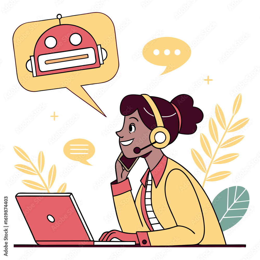 Poster customer service agent talking to a robot assistant isolated on transparent background