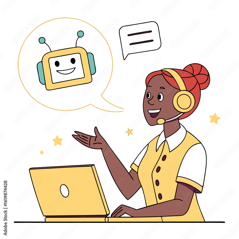 Poster customer service agent interacting with a chatbot on a laptop isolated on transparent background